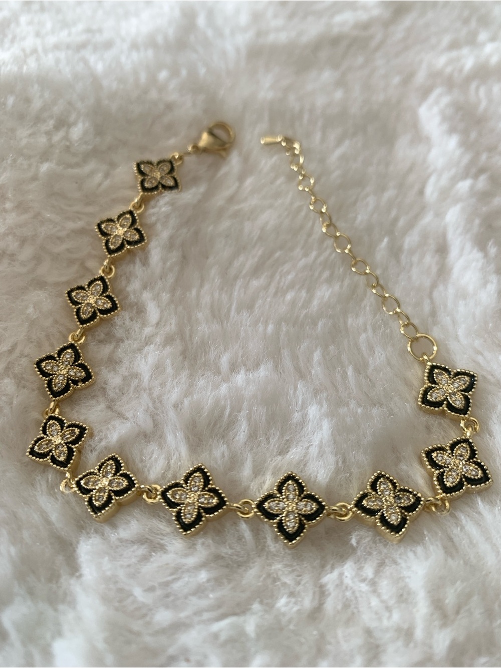 Gold and Black Flower Link Bracelet - Elegant Women's Jewelry